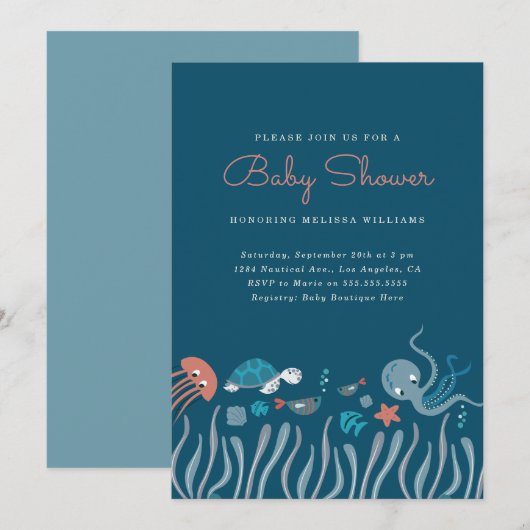 Cartoon onder het Baby shower Zee Ocean Critters Kaart (Voorkant / Achterkant)