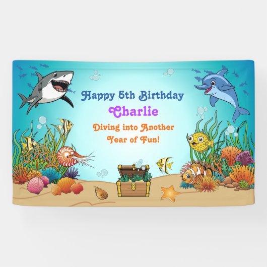 Cartoon Onder het Zee Animals Kids Verjaardagsbann Spandoek (Horizontaal)