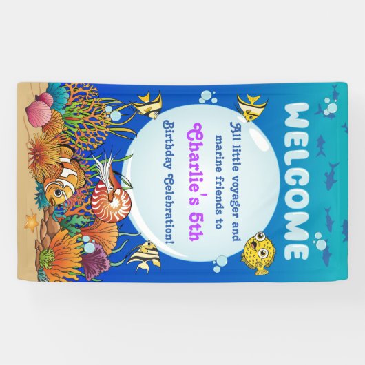 Cartoon Onder het Zee Dieren Party Welkomstbanner Spandoek (Horizontaal)
