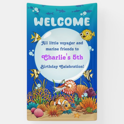 Cartoon Onder het Zee Dieren Party Welkomstbanner Spandoek (Verticaal)