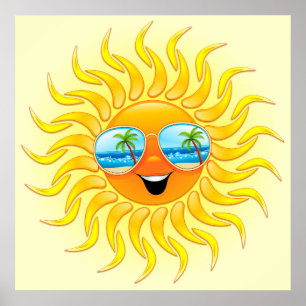 Cartoon op de zomerzon met zonnebrillen poster