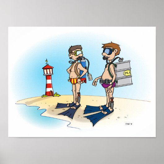 Cartoon; op duikvakantie gaan.  poster (Voorkant)