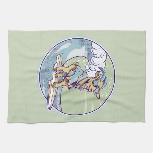 Cartoon op een surfplank theedoek (Horizontaal)