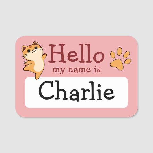 Cartoon Oranje Cat, Paw Print, Aangepast, Roze Naamplaatje (Voorkant)