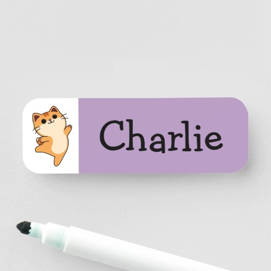 Cartoon Oranje Kat, Custom, Paarse Naamplaatje (In situ)