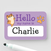 Cartoon Oranje Kat, Paw Print, Aangepast, Paarse Naamplaatje (In situ)