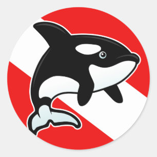 Cartoon Orca Dive Flag Ronde Sticker