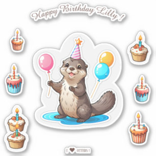 Cartoon Otter Happy Birthday gepersonaliseerd Sticker