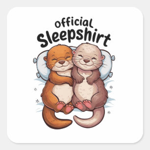 cartoon otters knuffelen op een zacht wit kussen vierkante sticker