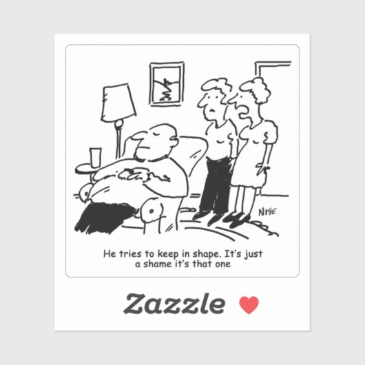 Cartoon over echtgenoot die probeert in vorm te bl sticker (Vel)