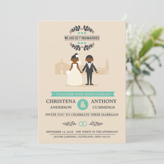 Cartoon paar bruiloft uitnodiging (DAA) (Staand voorkant)
