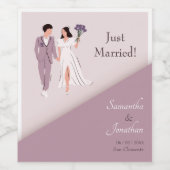 Cartoon Paar in Paarse Bruiloft Wijn Etiket (Enkel label)