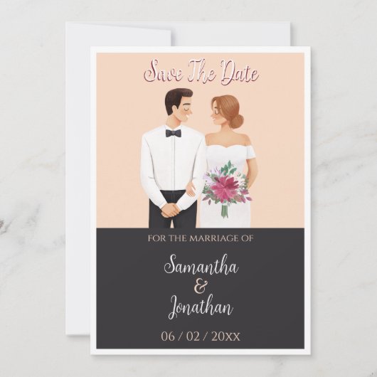 Cartoon Paar Modern Wedding Save the Date Kaart (Voorkant)