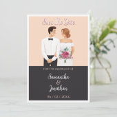 Cartoon Paar Modern Wedding Save the Date Kaart (Staand voorkant)
