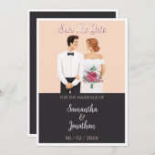 Cartoon Paar Modern Wedding Save the Date Kaart (Voorkant / Achterkant)