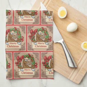 Cartoon Paard met krans Vrolijk kerstbord Theedoek
