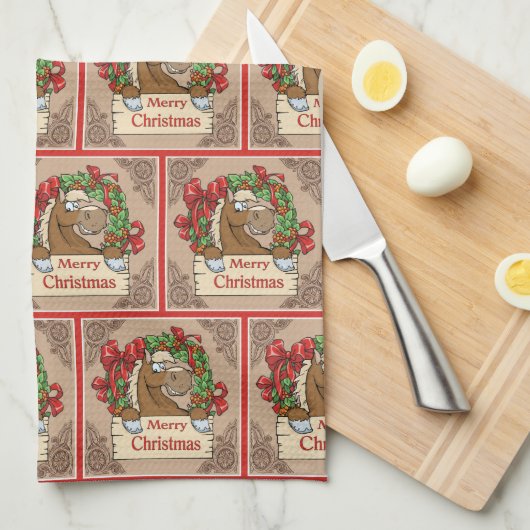 Cartoon Paard met krans Vrolijk kerstbord Theedoek (Quarter Fold)