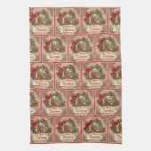 Cartoon Paard met krans Vrolijk kerstbord Theedoek (Verticaal)