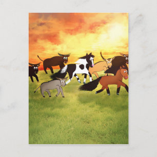 Cartoon paarden die met Bull's lopen Briefkaart