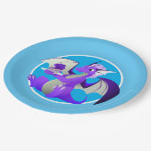 Cartoon Paarse draak met Borden voor een blauw Cak Papieren Bordje (Gekanteld)
