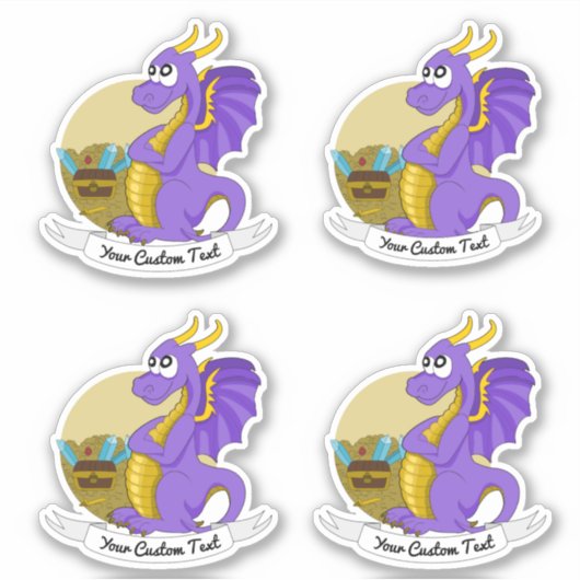 Cartoon paarse draak met schat en tekst sticker (Voorkant)