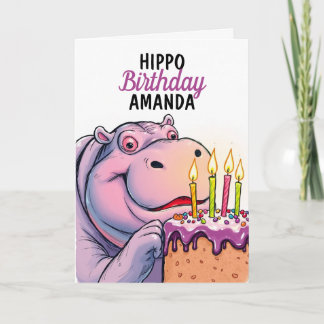Cartoon Paarse Taart Grappig Hippo Verjaardag Kaart