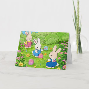 Cartoon paashaas verstopt eitjes in tuin folie wenskaart
