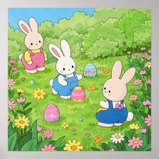 Cartoon paashaas verstopt eitjes in tuin poster (Voorkant)