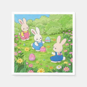 Cartoon paashaas verstopt eitjes in tuin servet