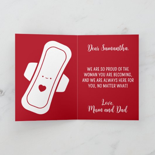 Cartoon Pads Red Script Daughter Eerste Periode Kaart (Binnen)