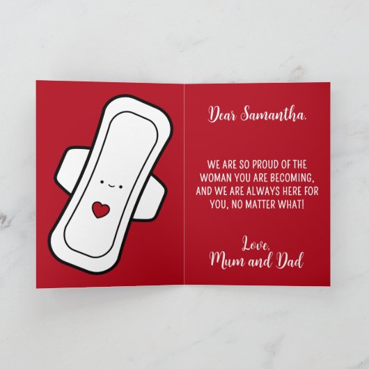 Cartoon Pads Red Script Teen Girl Eerste Periode Kaart (Binnen)