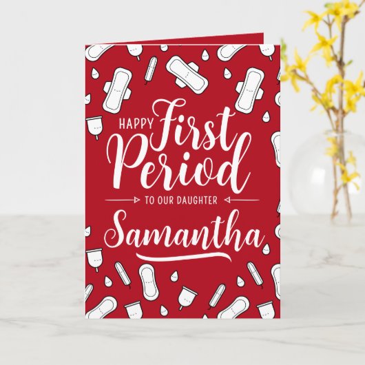 Cartoon Pads Red Script Teen Girl Eerste Periode Kaart (Gele Bloem)