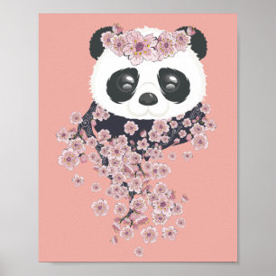 Cartoon panda portret met Sakura-bloemen Poster