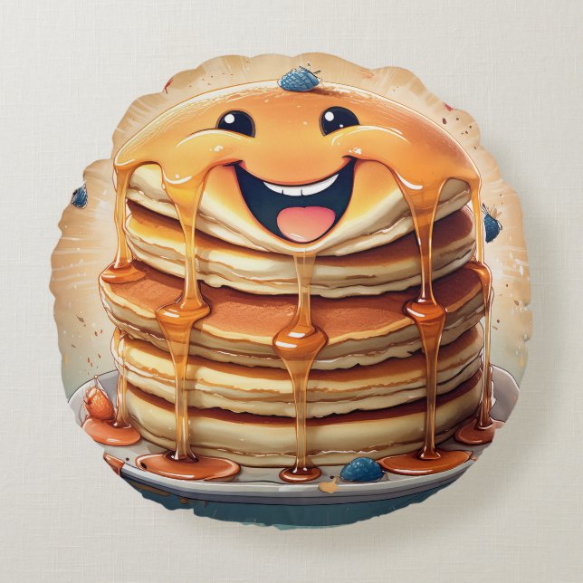 Cartoon Pannenkoeken Rond Kussen - Whimsical en Pl (Voorkant)