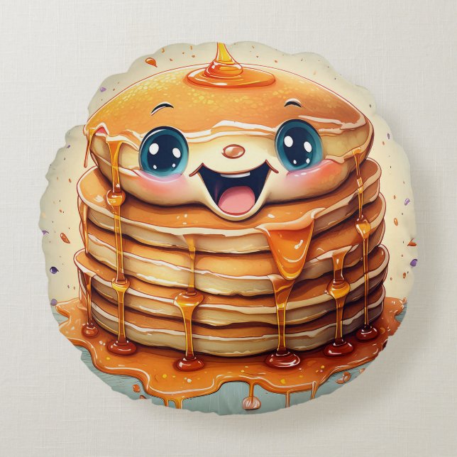 Cartoon Pannenkoeken Rond Kussen - Whimsical en Pl (Voorkant)