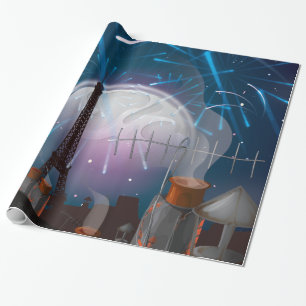 Cartoon Parijse skyline met vuurwerk Cadeaupapier