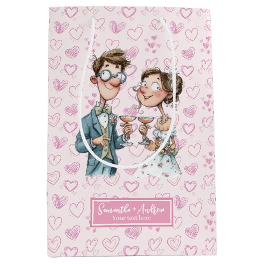 Cartoon Passen getrouwd Trouwcadeau Tas Waterverf  Medium Cadeauzakje (Voorkant)