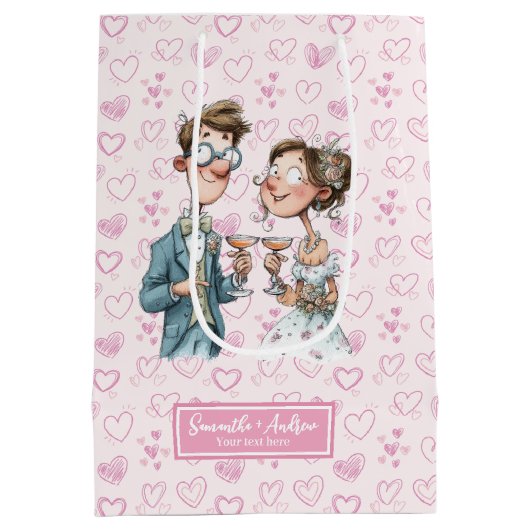 Cartoon Passen getrouwd Trouwcadeau Tas Waterverf  Medium Cadeauzakje (Achterkant)