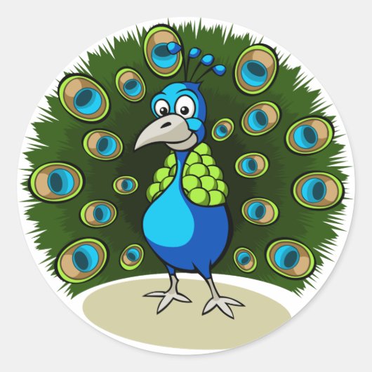 Cartoon Peacock Ronde Sticker (Voorkant)