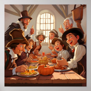 Cartoon Pelgrims rond de Thanksgiving Tafel Poster