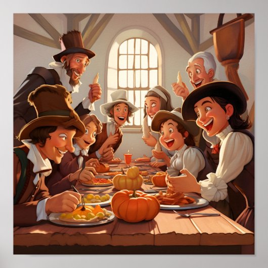 Cartoon Pelgrims rond de Thanksgiving Tafel Poster (Voorkant)