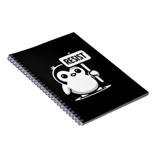Cartoon Penguin Holding "RESIST" Sign – B & W Notitieboek (Rechterzijde)