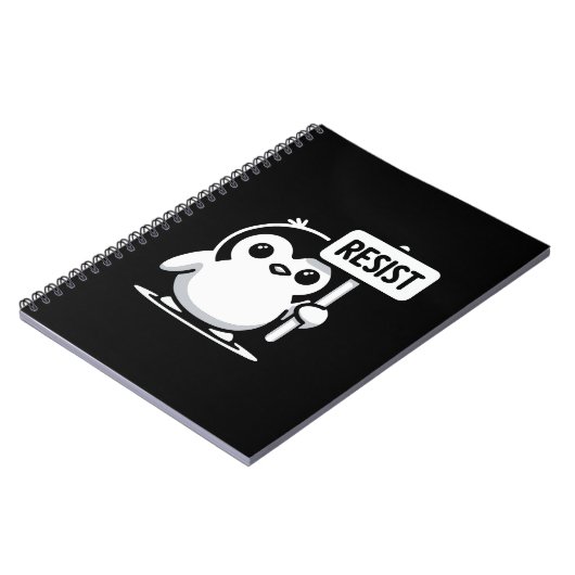 Cartoon Penguin Holding "RESIST" Sign – B & W Notitieboek (Linkerzijde)