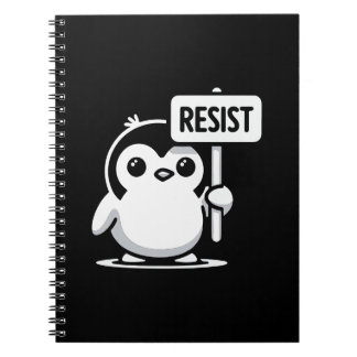 Cartoon Penguin Holding "RESIST" Sign – B & W Notitieboek