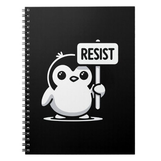 Cartoon Penguin Holding "RESIST" Sign – B & W Notitieboek (Voorkant)