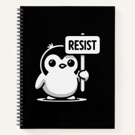 Cartoon Penguin Holding "RESIST" Sign – B & W Notitieboek