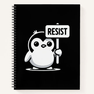 Cartoon Penguin Holding "RESIST" Sign – B & W Notitieboek