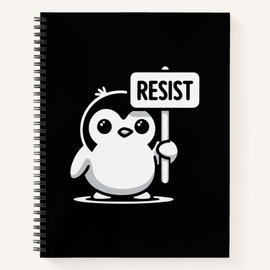 Cartoon Penguin Holding "RESIST" Sign – B & W Notitieboek (Voorkant)