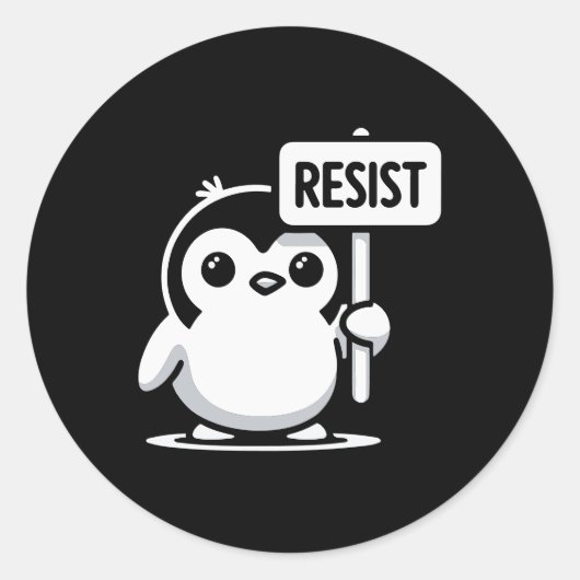Cartoon Penguin Holding "RESIST" Sign – B & W Ronde Sticker (Voorkant)