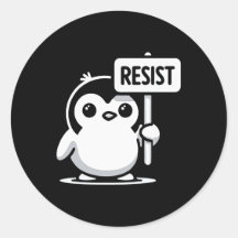 Cartoon Penguin Holding "RESIST" Sign – B & W
